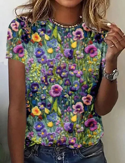 Bloemen T-Shirt Dames Loose Fit Ronde Hals Zomer