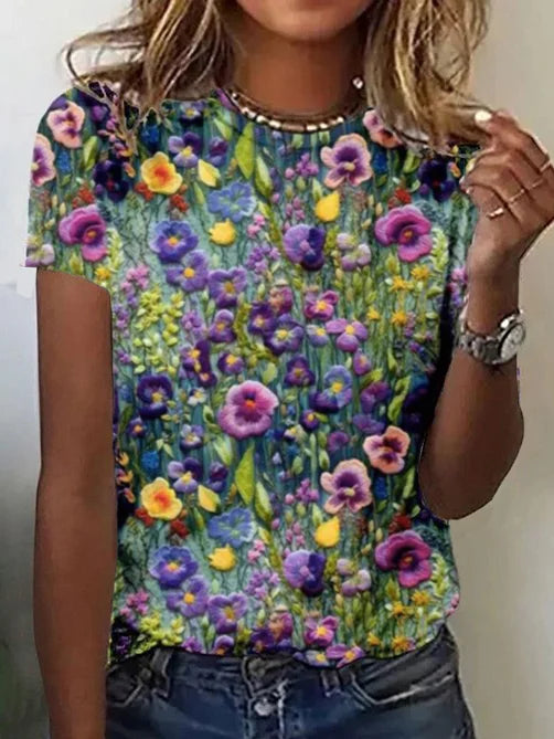 Bloemen T-Shirt Dames Loose Fit Ronde Hals Zomer