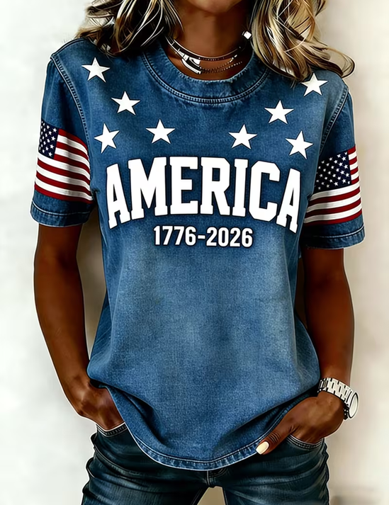 Casual T-shirt met Amerikaanse Vlag Print Ronde Hals