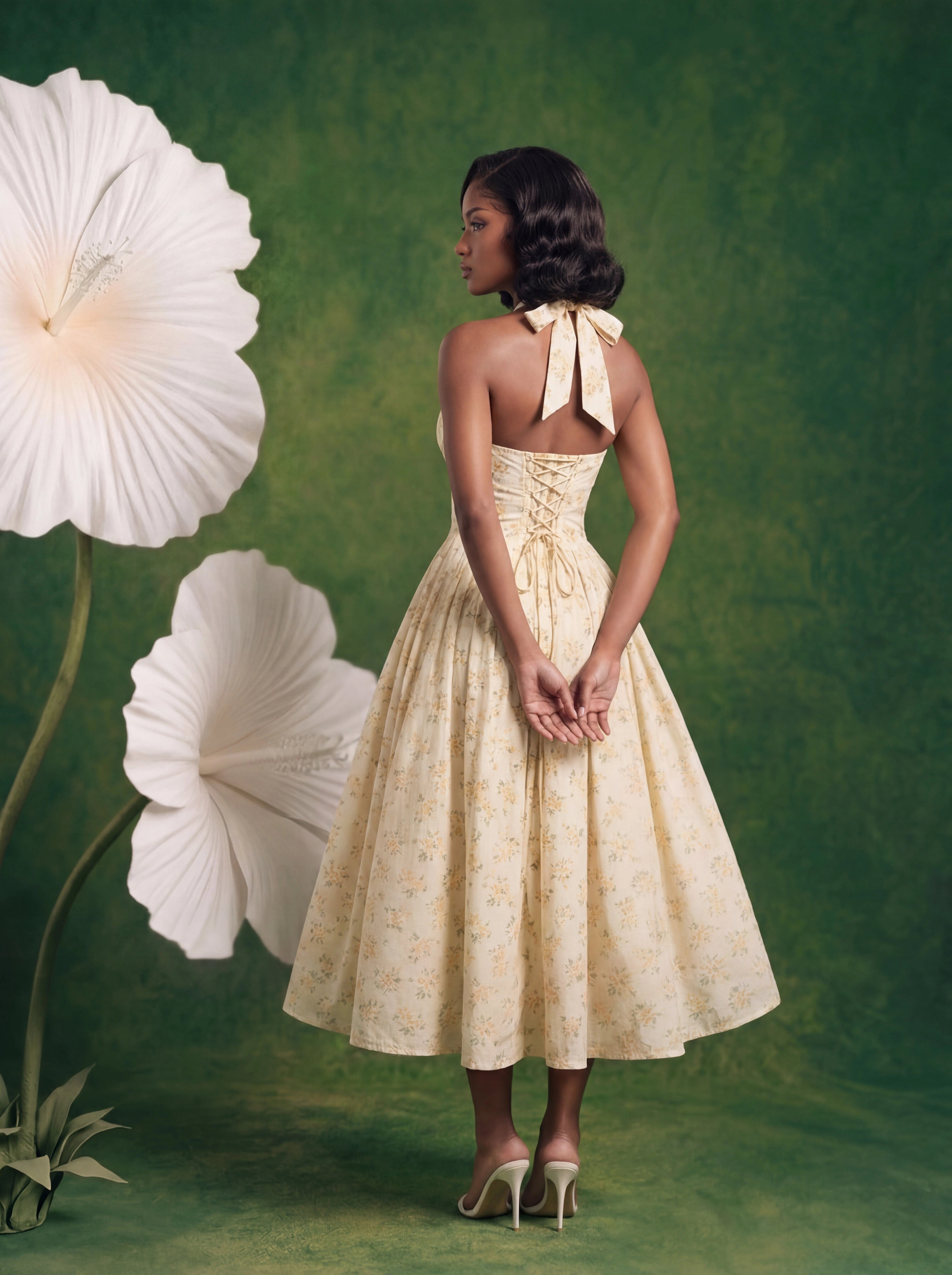 Rosalie Corset Halter Jurk in Geel