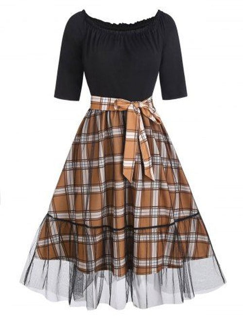 Belted Plaid Lace Overlay Dress