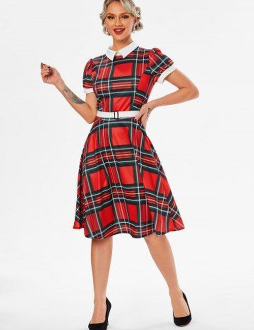 Belted Plaid Turn Down Collar Dress