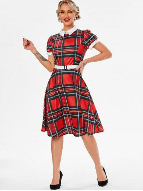 Belted Plaid Turn Down Collar Dress
