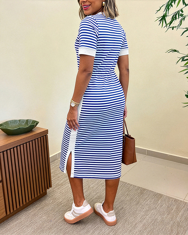 Gestreept colorblock midi jurk met smalle taille en korte mo