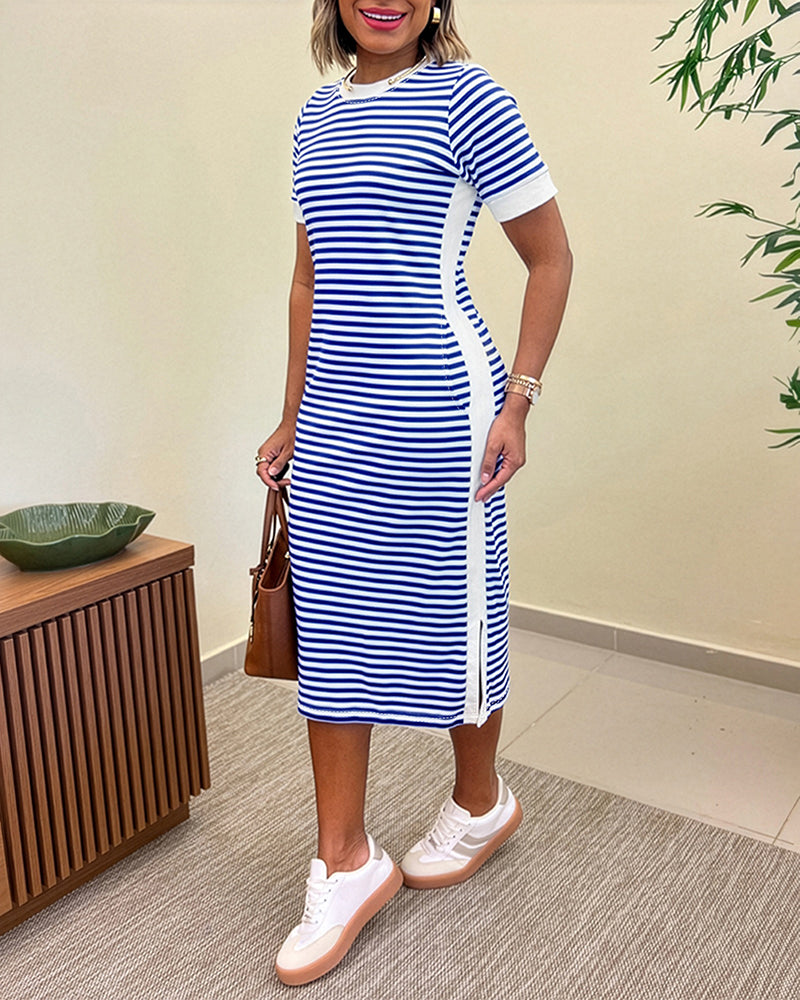 Women's Striped Colorblock Midi T-Shirt Dress Casual Crew Neck Waist-Cinching Sl