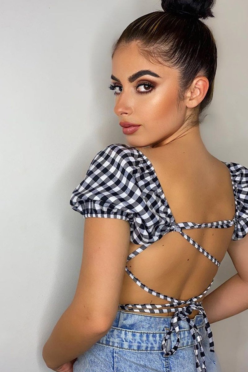 Zwart Gingham Pofmouw Crop Top - Kapri