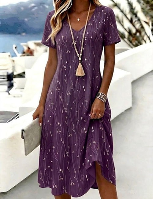 Blauwe Midi Jurk met Takpatroon en V-Hals