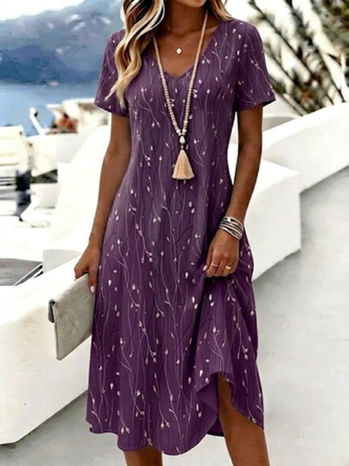 Blauwe Midi Jurk met Takpatroon en V-Hals