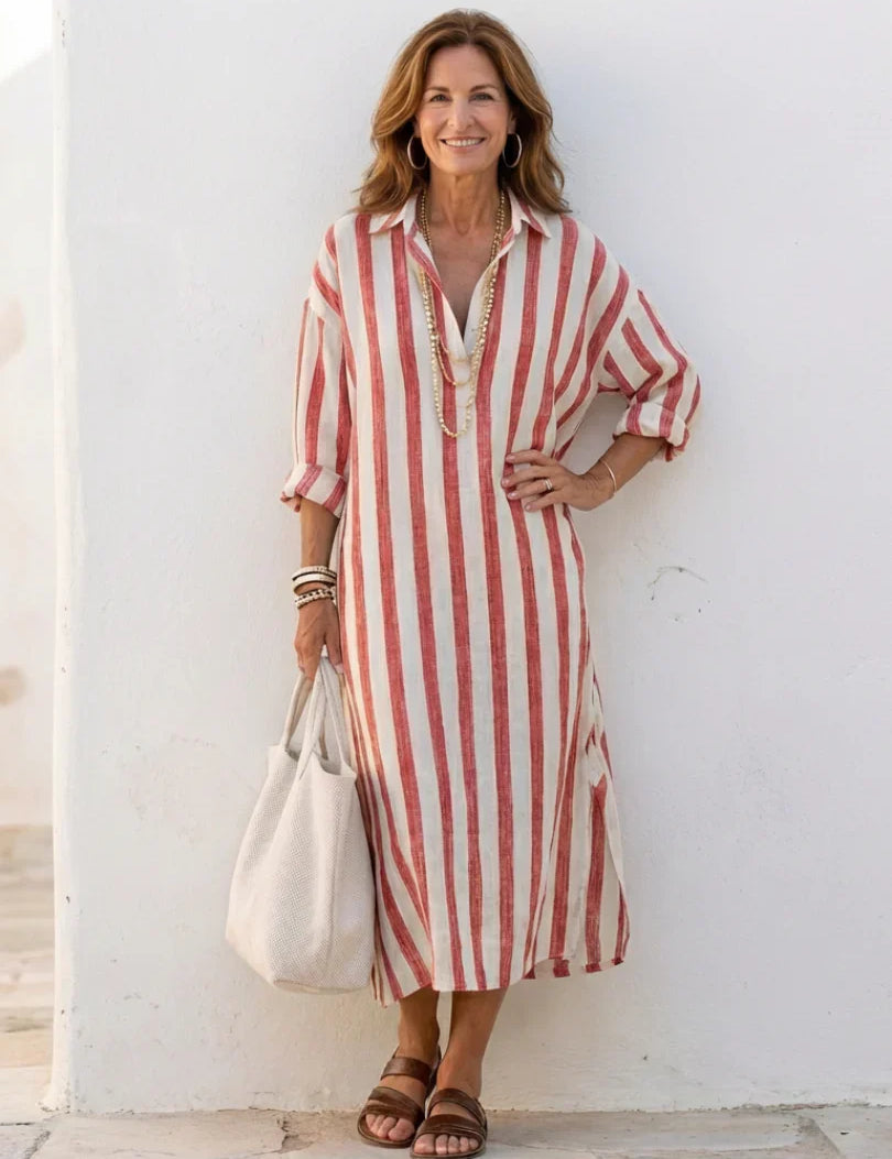 Gestreepte midi jurk met oprolbare mouwen en V-hals voor casual zomerlook