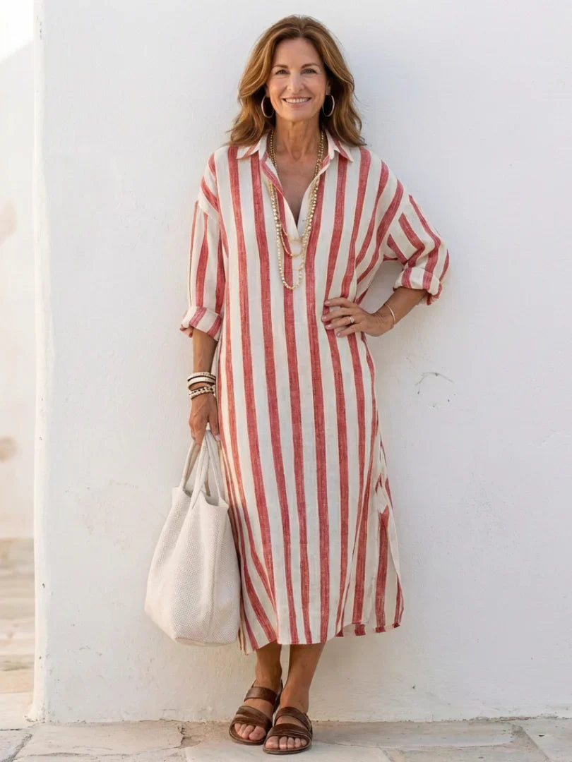 Gestreepte midi jurk met oprolbare mouwen en V-hals voor casual zomerlook