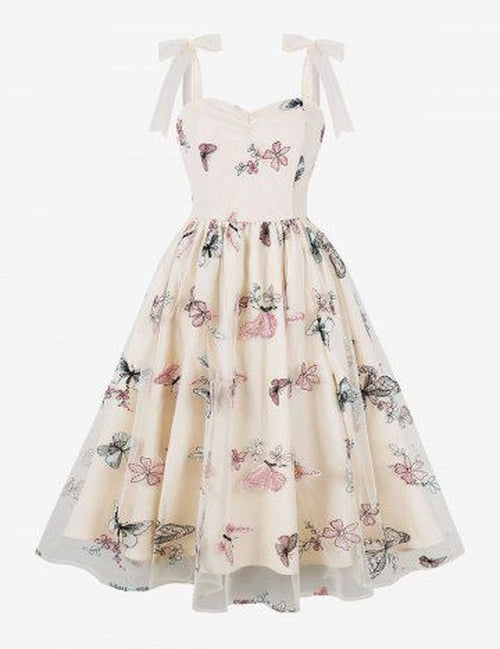 Butterfly Flower Embroidery Mesh Zipper Tie Bowknot Tank Vintage Dress