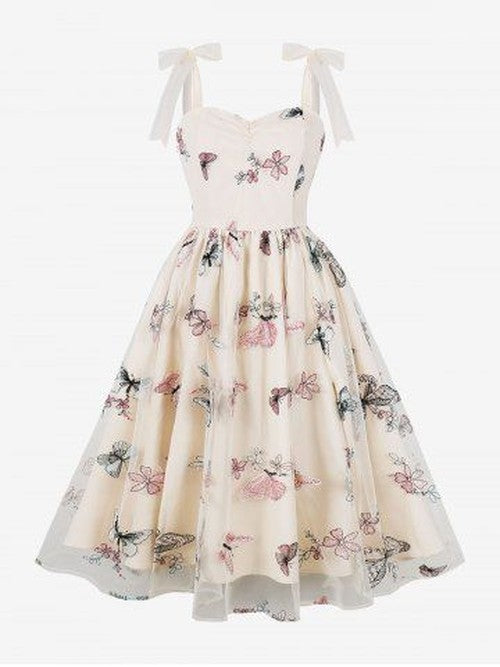 Butterfly Flower Embroidery Mesh Zipper Tie Bowknot Tank Vintage Dress