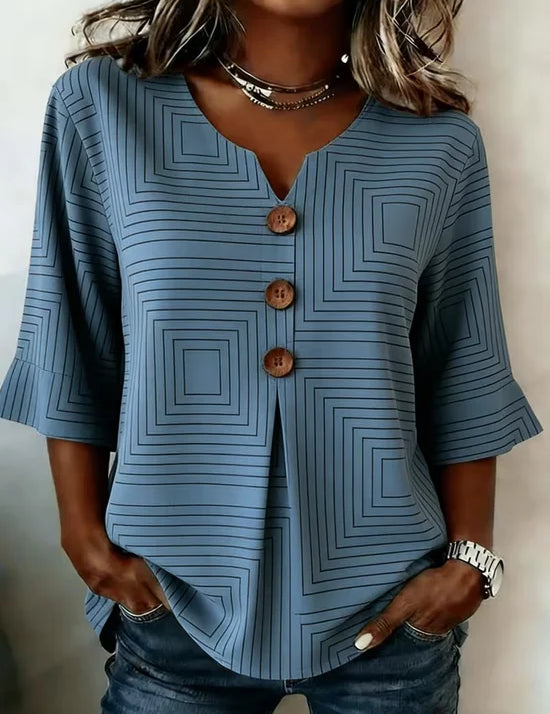 Gestreepte Blouse Halflange Mouw V-hals Zomerblauw