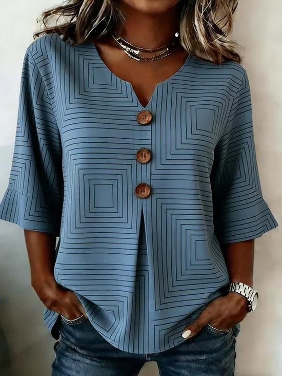 Gestreepte Blouse Halflange Mouw V-hals Zomerblauw