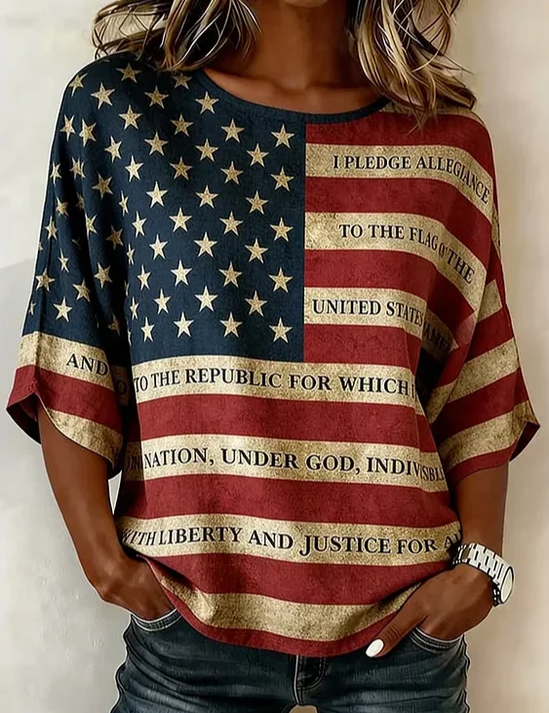 Amerikaanse Vlag Print Blouse Ronde Hals Korte Mouw