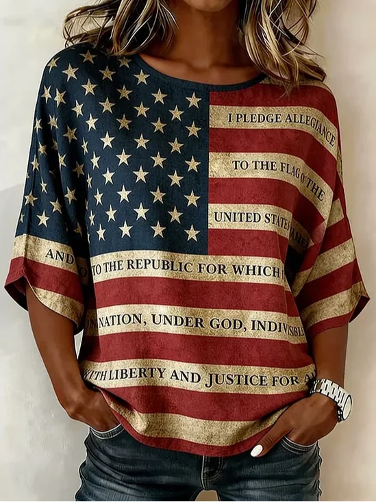 Amerikaanse Vlag Print Blouse Ronde Hals Korte Mouw