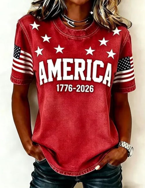 Casual T-shirt met Amerikaanse Vlag Print Ronde Hals