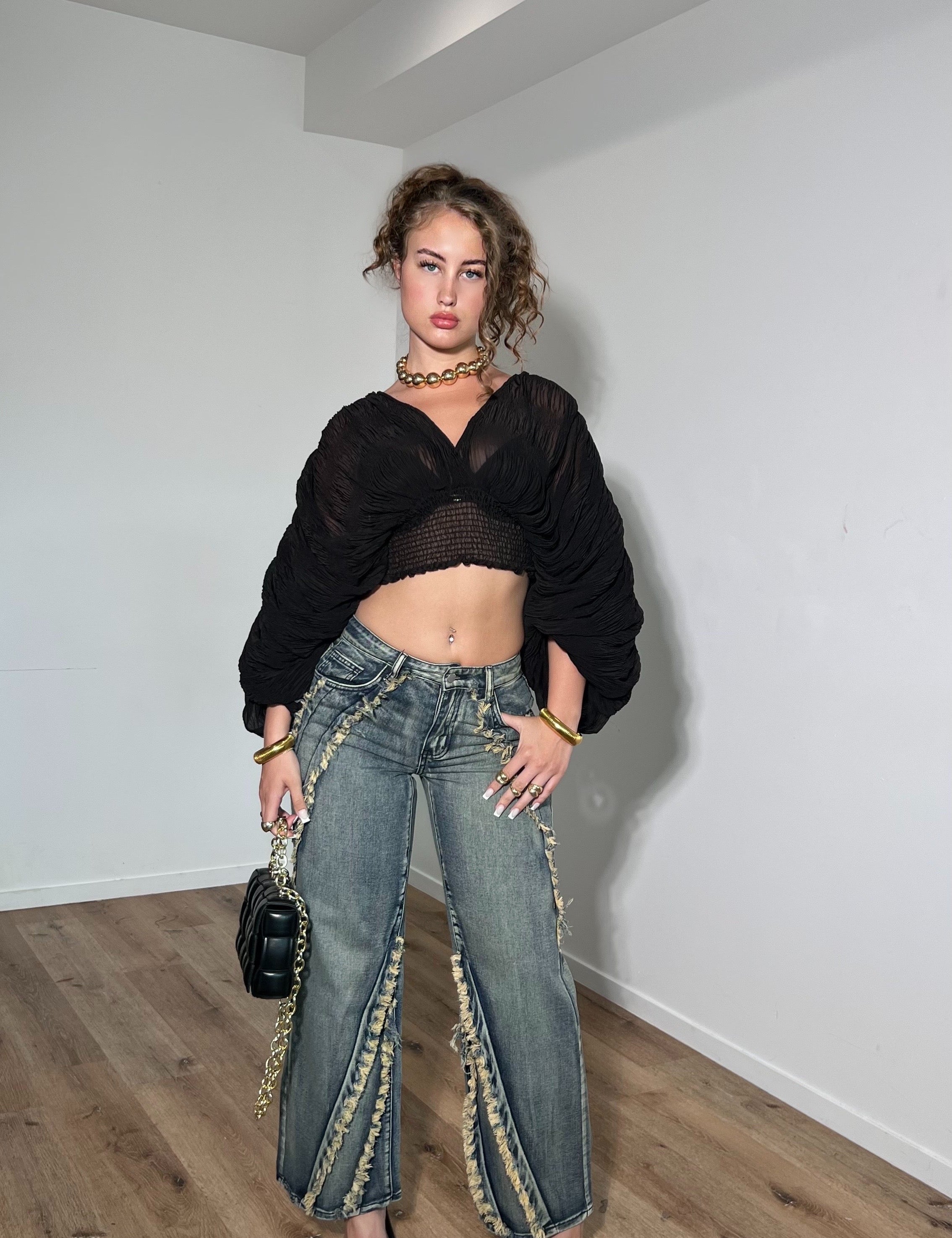Coco Croptop Blouse Zwart - Elegante Cropped Blouse