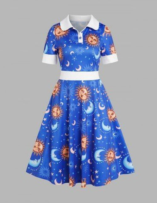 Celestial Sun Moon Star Allover Print Colorblock Vintage Dress