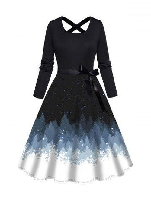 Christmas Tree Galaxy Print Crisscross Bowknot Belted Long Sleeve Dress