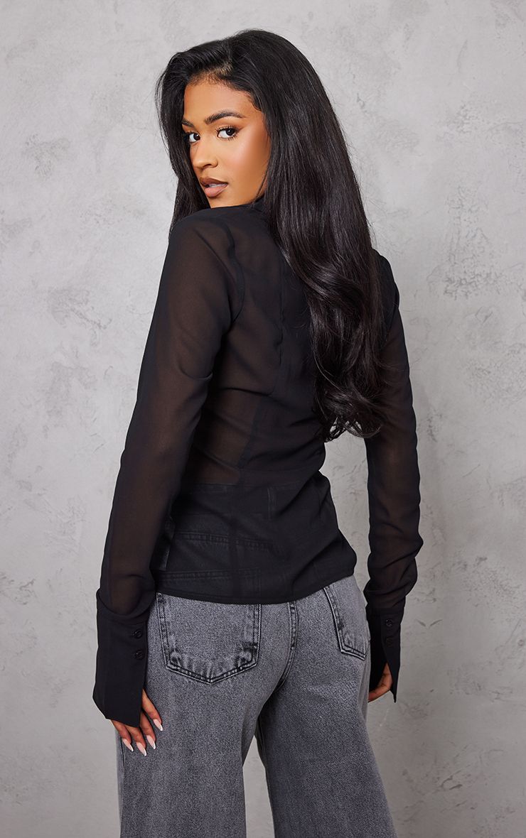 Tall Mesh Button Front Blouse - Elegante Doorschijnende Blou