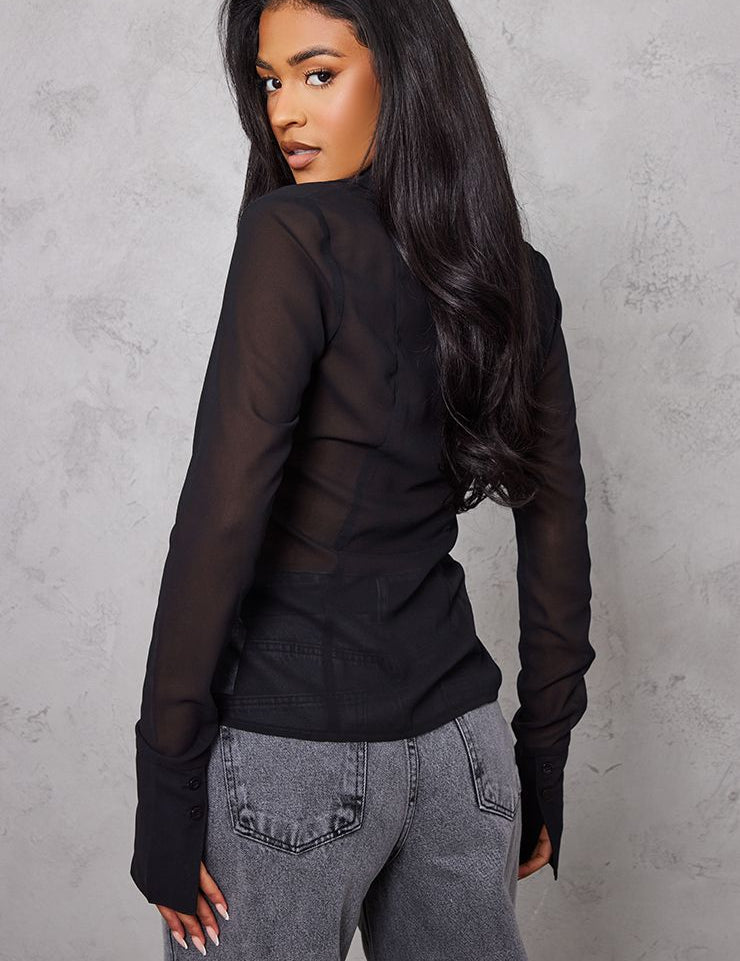 Tall Mesh Button Front Blouse - Elegante Doorschijnende Blou