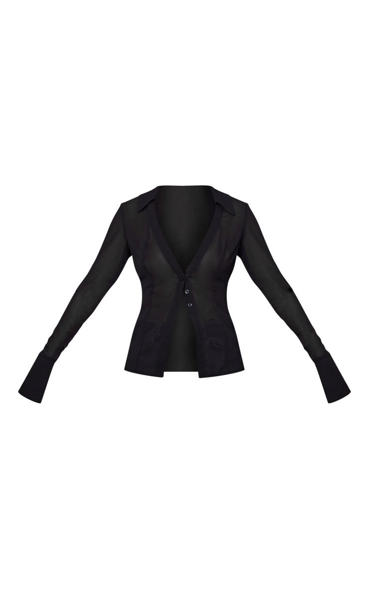 Tall Mesh Button Front Blouse - Elegante Doorschijnende Blou