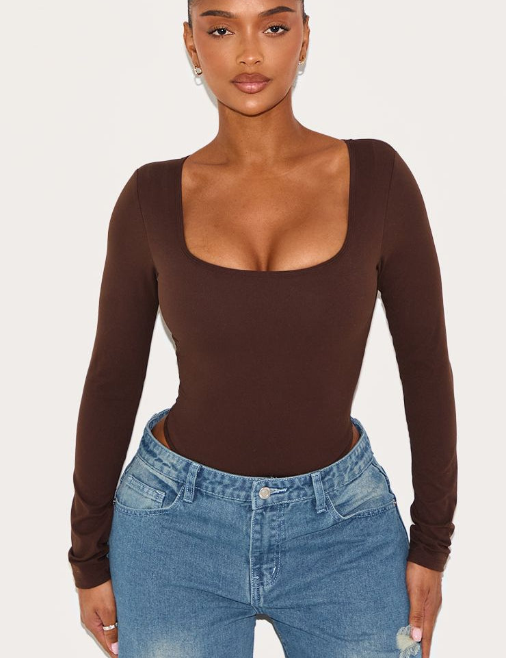 Bodysuit met ingebouwde beha en vierkante hals - lange mouwe