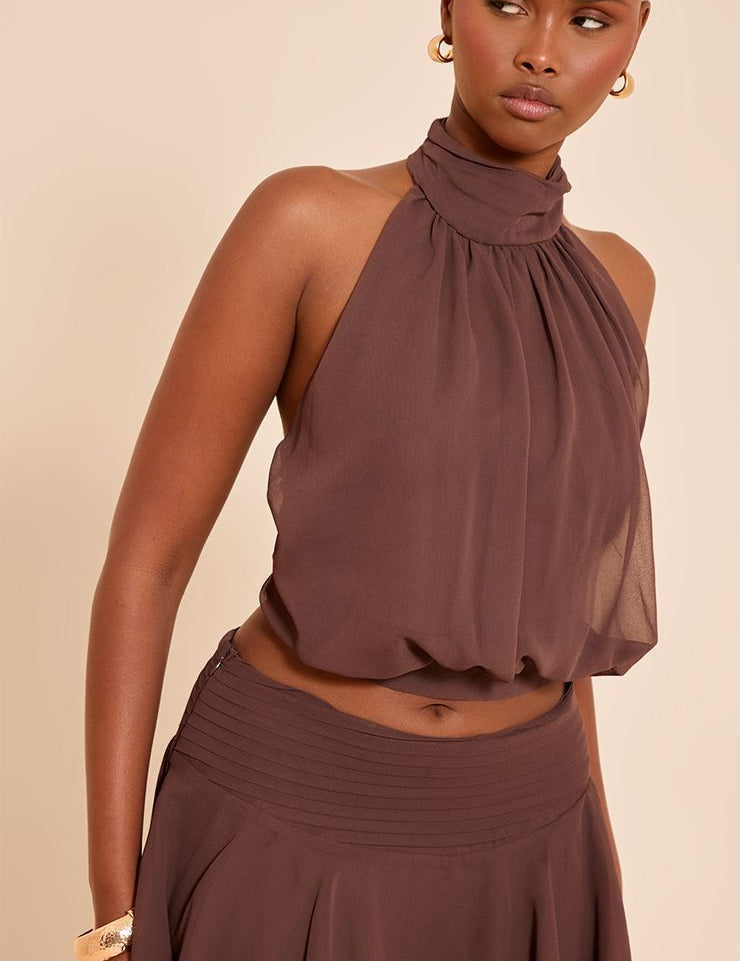 Chiffon Ruched High Neck Top - Elegante Co-ord Blouse