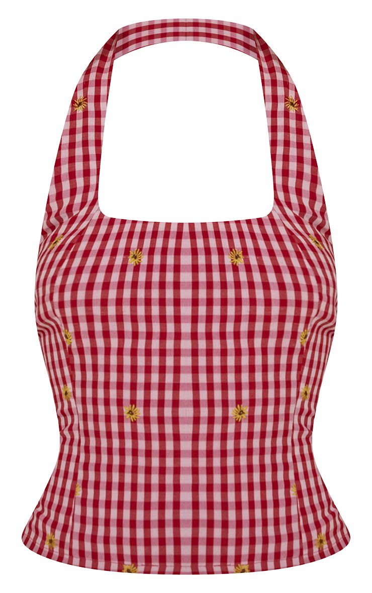 Gingham Katoenen Top met Vierkante Hals en Borduurwerk