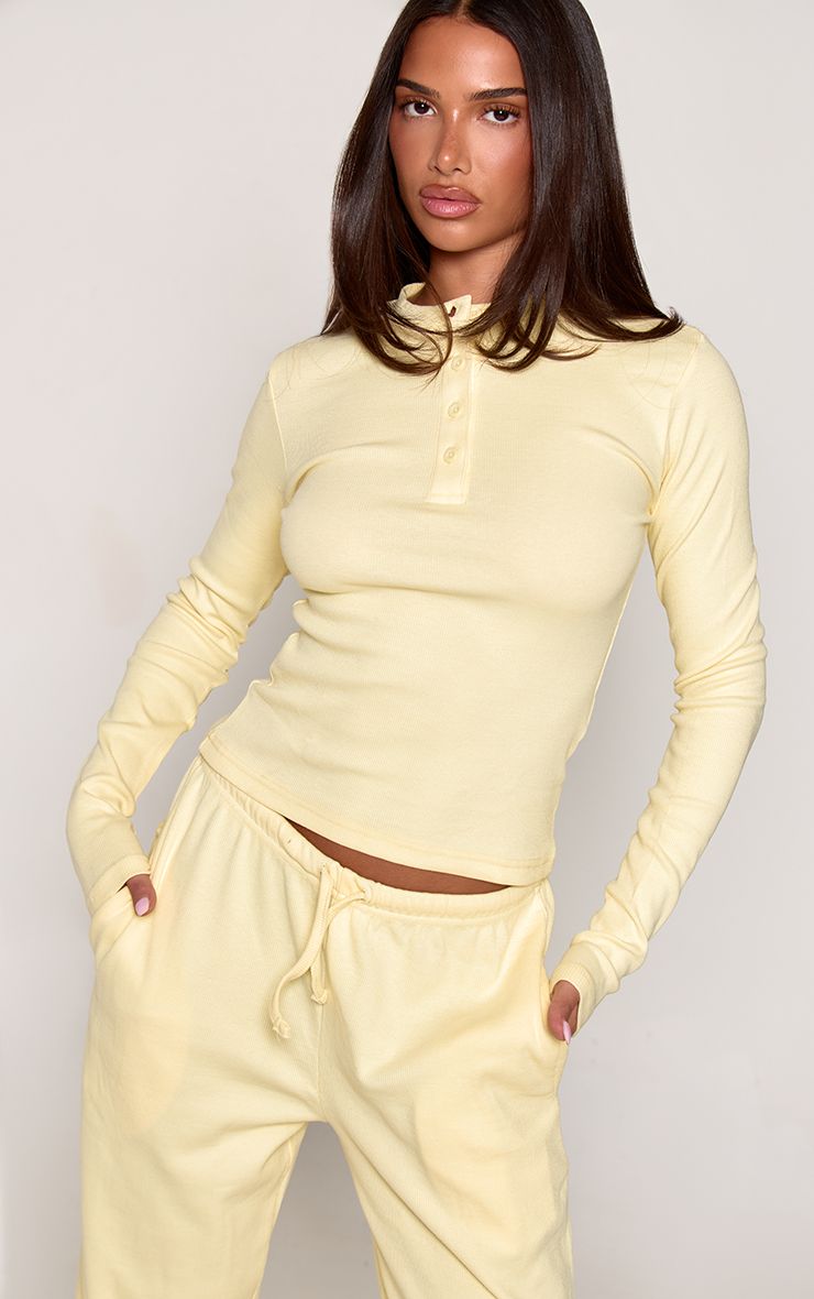 Geribbelde Pyjamatop met Knoopsluiting en Lange Mouwen