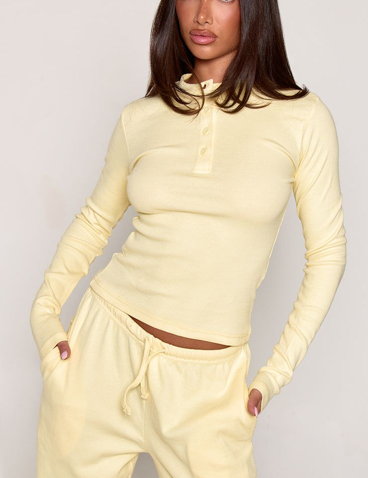 Geribbelde Pyjamatop met Knoopsluiting en Lange Mouwen