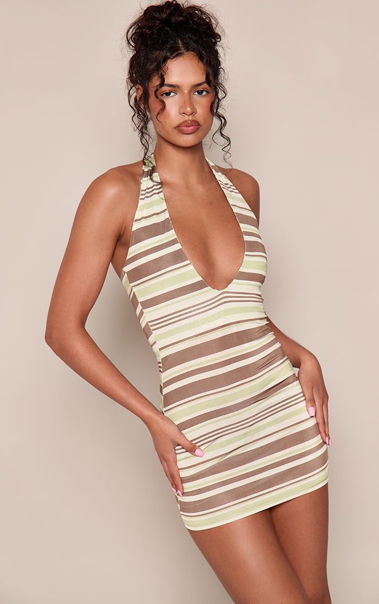 Gestreept Diep Uitsnijding Mini Jurk - Bodycon Fit