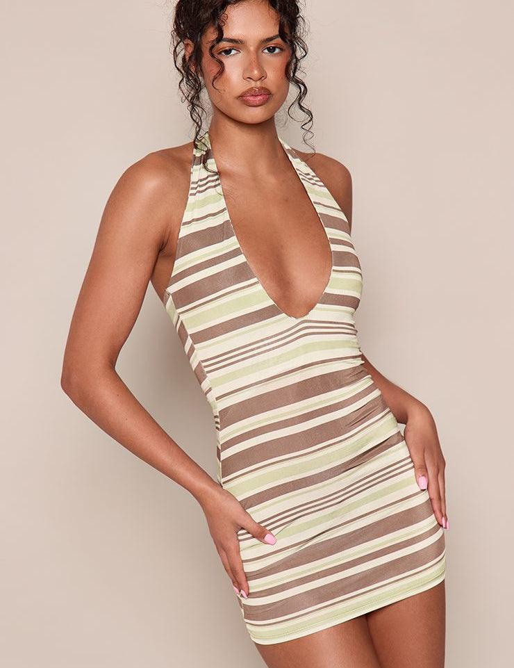 Gestreept Diep Uitsnijding Mini Jurk - Bodycon Fit