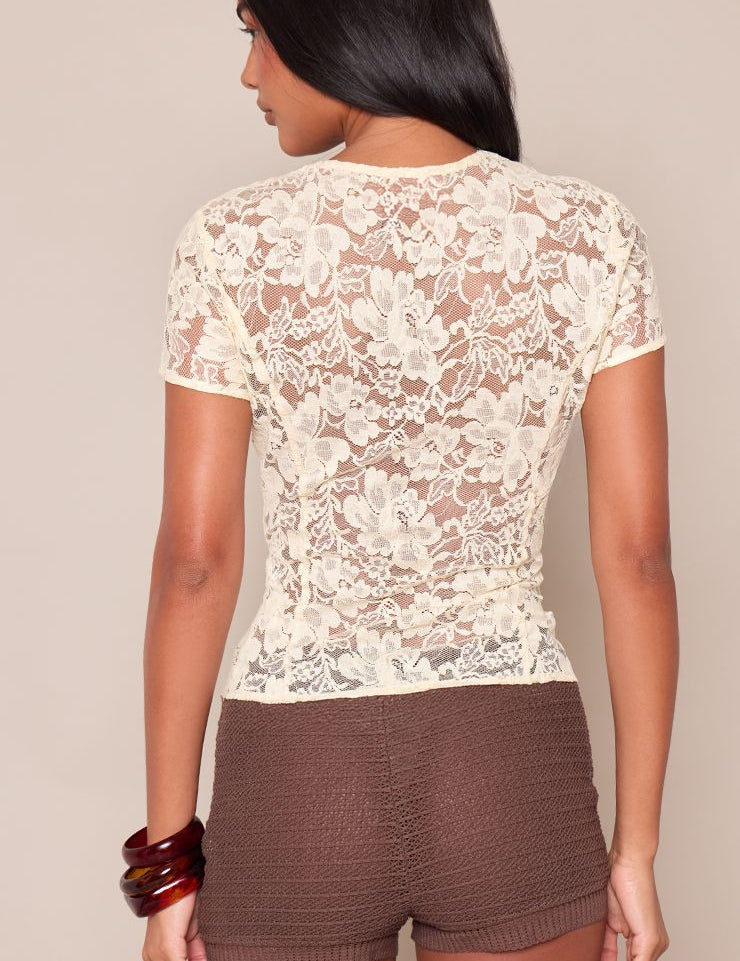 Lace Cut Out Korte Mouw Top in Zwart
