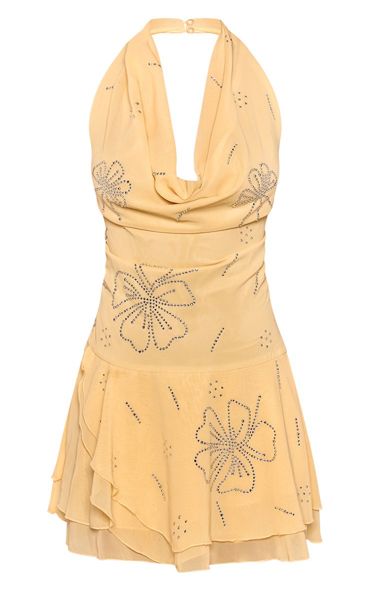 Chiffon Mini Jurk met Sierstenen en Cowl Hals