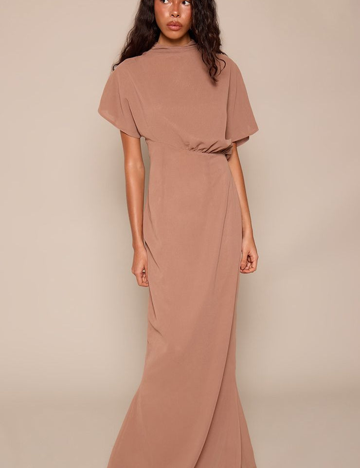 Chiffon Maxi Jurk met Boothals en Korte Mouwen