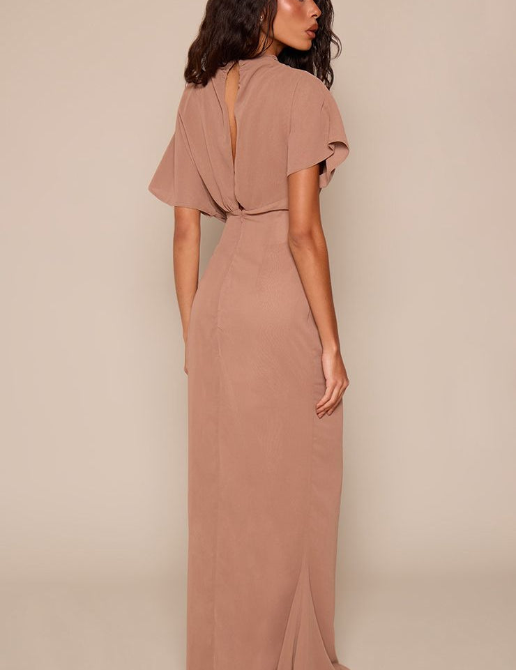 Chiffon Maxi Jurk met Boothals en Korte Mouwen