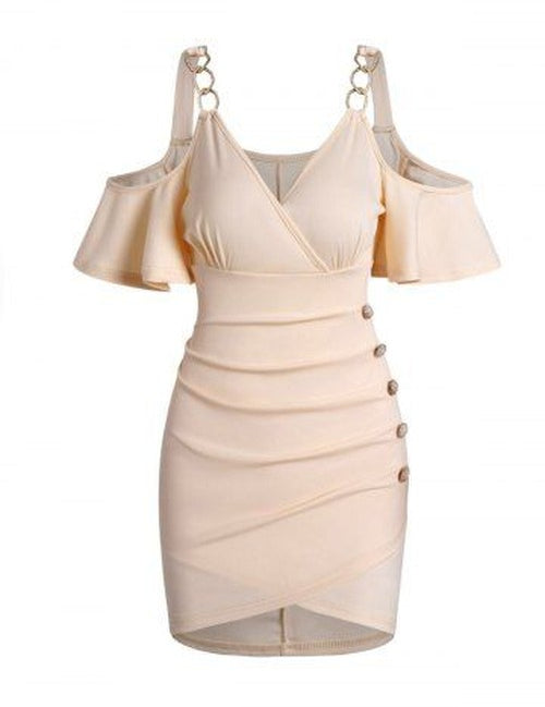 Cold Shoulder Ruched Mock Button Tulip Hem Surplice Plunge Mini Dress