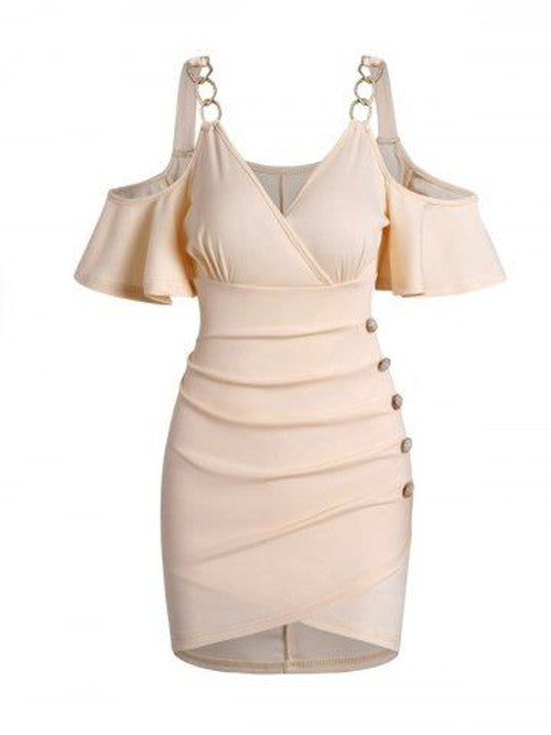 Cold Shoulder Jurk met Tulpzoom en Ruches - Crème