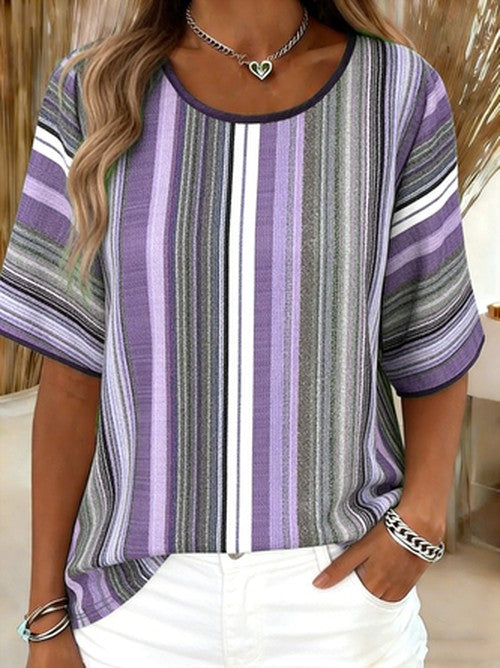 Gestreepte Katoenen T-Shirt met Ronde Hals - Comfortabel Cas