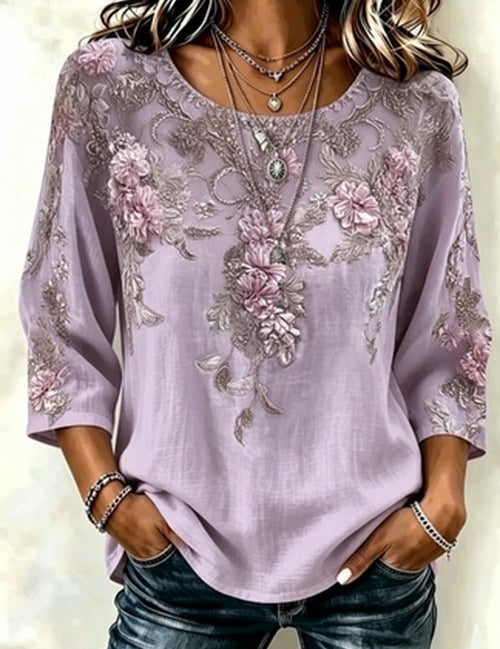 Blouse met ronde hals, driekwart mouw en 3D-print – Regular 
