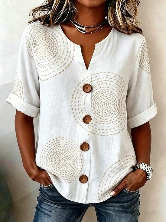 Linnen blouse met geometrisch patroon en V-hals