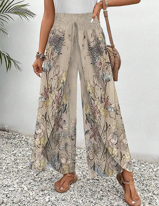 Boho Palazzo Broek Bloemenprint Smocking Hoge Taille
