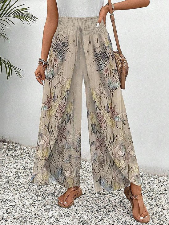 Boho Palazzo Broek Bloemenprint Smocking Hoge Taille