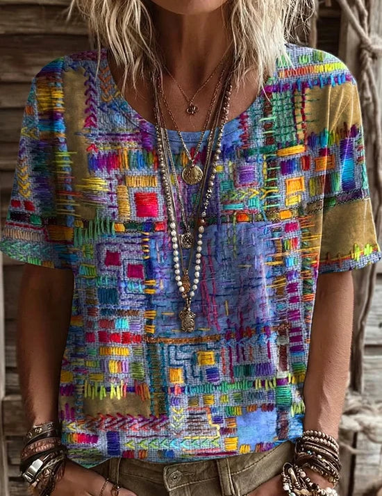 Dames T-shirt Paars Abstract Print Korte Mouw Jersey