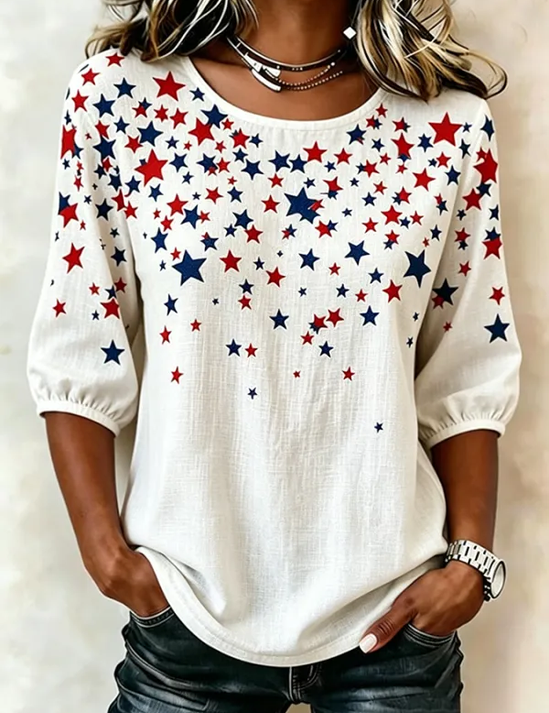 Crew Neck Blouse met Sterrenprint Korte Mouwen