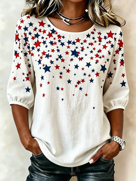 Crew Neck Blouse met Sterrenprint Korte Mouwen