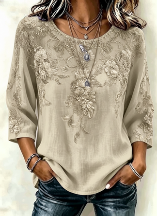 Blouse met ronde hals, driekwart mouw en 3D-print – Regular 