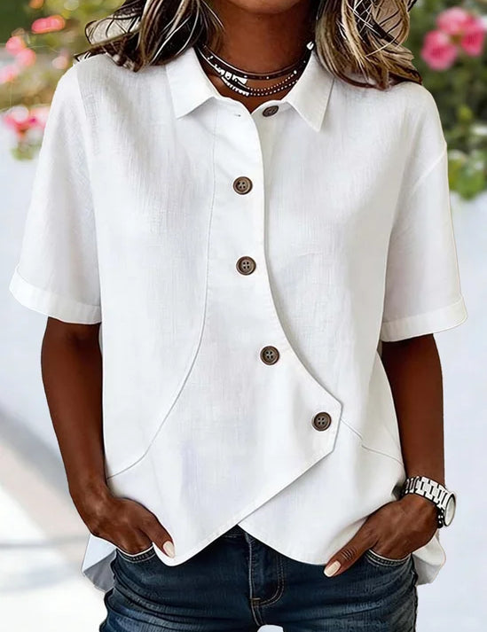 Witte Linnen Blouse met Asymmetrisch Knoopsluiting